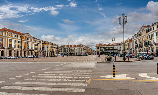 Cuneo, Piedmont, Italy- august 2, 2021: Piazza Tancredi Duccio Galimberti, main square of Cuneo with Palace of the Court to the left
