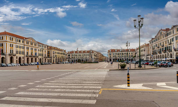 Cuneo, Italy: Piazza Tancredi Duccio Galimberti Cuneo, Piedmont, Italy- august 2, 2021: Piazza Tancredi Duccio Galimberti, main square of Cuneo with Palace of the Court to the left cuneo stock pictures, royalty-free photos & images