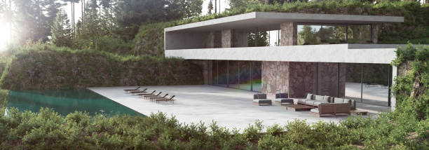 istock Modern facade house with on green nature view background. Minimal architecture design. Web banner. 3d render illustration panoramic exterior. 1371763393