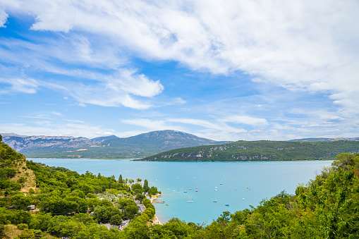 Panorama of the Lake of Sainte-Croix and its surrounding mountains on a summer day
