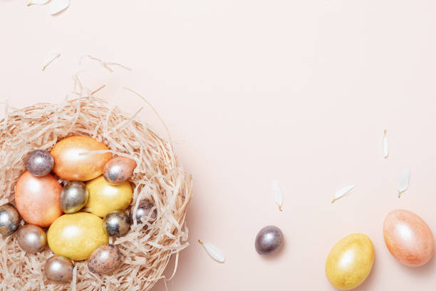 istock Colorful Easter eggs on pink background for banner design. Beautiful spring card. Happy easter concept. 1371765236