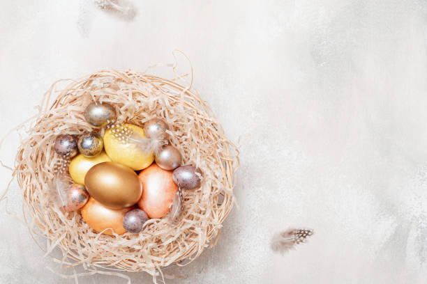 istock Colorful Easter eggs on white background for banner design. Beautiful spring card. Happy easter concept. 1371765490