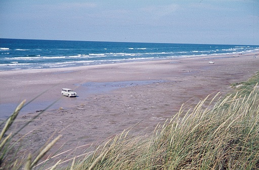 Denmark, 1960. Large wide sandy beach on the Danish North Sea coast