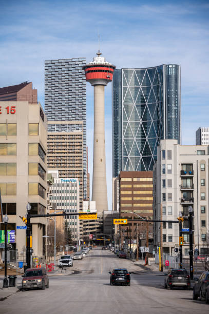 Calgary Tower in Alberta seen from street during day of springtime