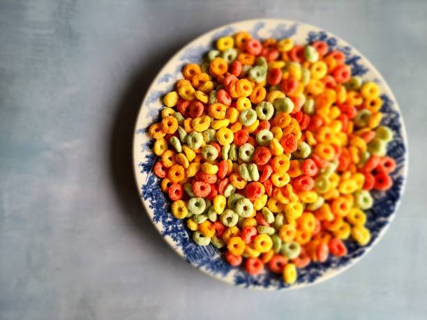 istock Cereals, colorful breakfast food, on a plate, top view. 1371767251