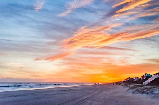 Dusk Beach Scene at Emerald Isle North Carolina Crystal Coast Bogue Banks Waves and Clouds Orange Blue Dusk Beach Scene at Emerald Isle North Carolina Crystal Coast Bogue Banks Waves and Clouds Orange Blue emerald isle north carolina stock pictures, royalty-free photos & images