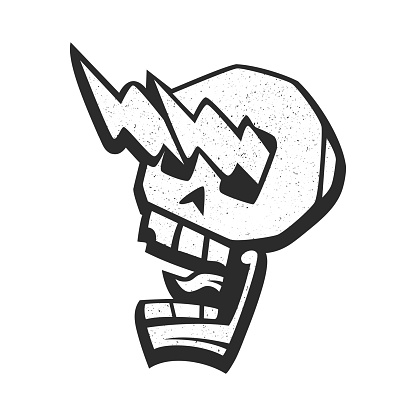 Black and white silhouette of a crazy skull with glowing eyes in the form of lightning. Skull rocker screaming, horrified, scared. Vector illustration