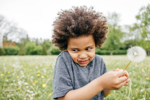 istock Boy blowing seeds off a dandelion, close up, side view 1371768178