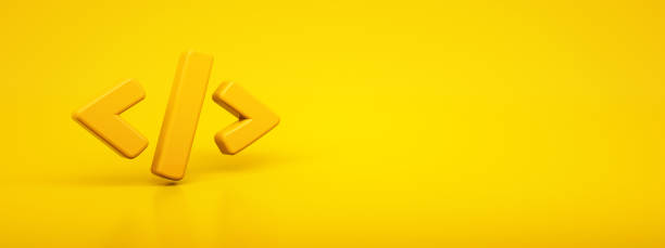 code icon on yellow Volumetric glossy Code icon. 3D rendered digital symbol on yellow background. Modern icon for website. extensible markup language stock pictures, royalty-free photos & images