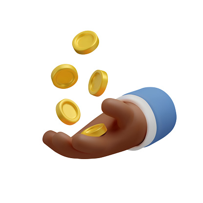 3d Icon hand with coins flying. Realistic vector render emoji, black skinned arm. Money concept, design element isolated on white background