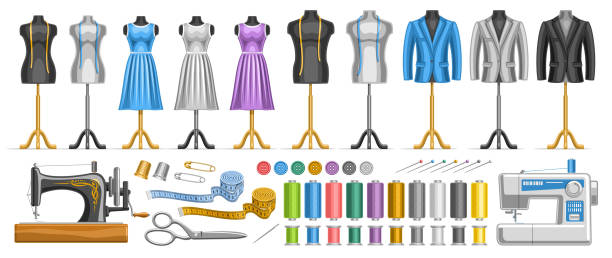 ilustrações de stock, clip art, desenhos animados e ícones de vector sewing set - sewing dressmakers model tape measure mannequin