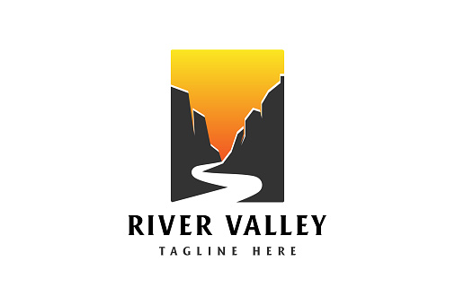 Sunset Sunrise Canyon Cliff with River Creek Road for Adventure T Shirt icon Design Vector