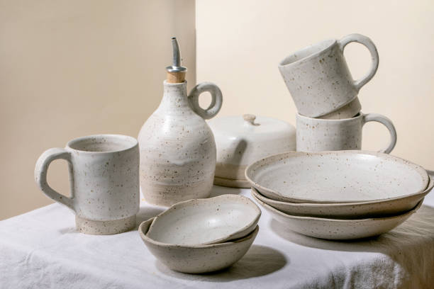 Set of empty craft ceramic speckled bowls