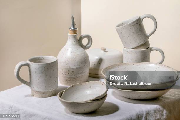 Set Of Empty Craft Ceramic Speckled Bowls Stock Photo - Download Image Now - Ceramics, Mug, Rustic