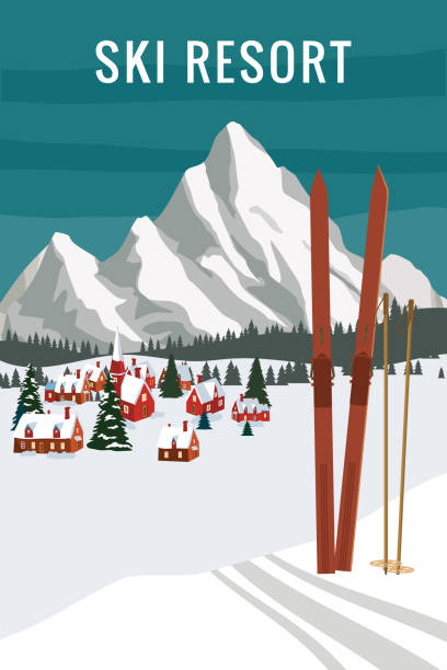 ilustraciones, imágenes clip art, dibujos animados e iconos de stock de vintage mountain winter resort alps, con esquís y bastones de madera a la antigua usanza. paisaje nevado picos, pendientes. póster retro de viaje - austria village chalet ski resort
