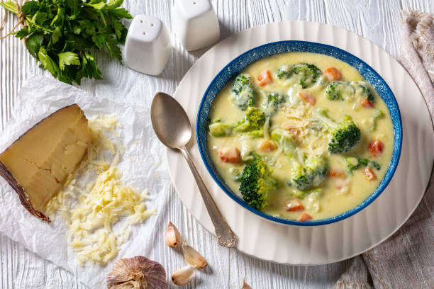 istock Broccoli cheese soup in a bowl, top view 1371774787