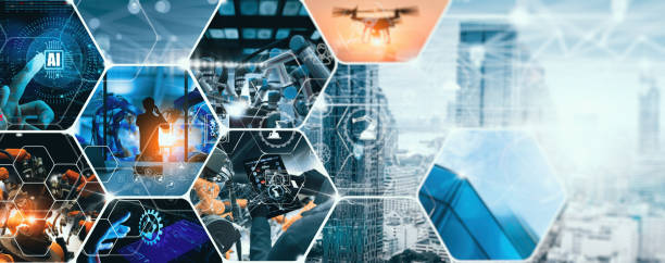 istock Global industry concept.Manager Ai Technical Industrial Engineer working and control robotics with monitoring system Automation robot arm software and icon industry network connection on tablet. 1371775759