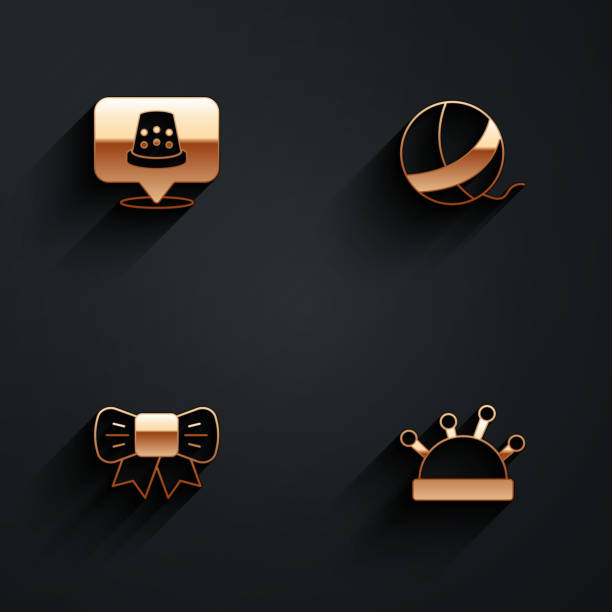 istock Set Thimble for sewing, Yarn ball, Gift bow and Needle bed and needles icon with long shadow. Vector 1371776733