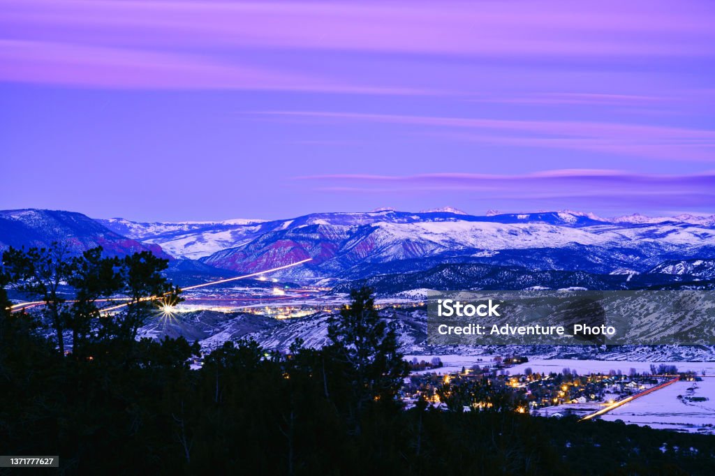 Eagle Gypsum Colorado Dusk Landscape in Winter Eagle Gypsum Colorado Dusk Landscape in Winter - Blue hour with lights in valley and areas including Eagle County Airport. Night Stock Photo