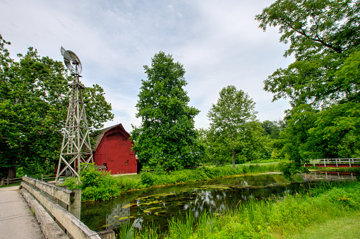 Bridge with windmill and red barn- Elkhart County, Indiana
