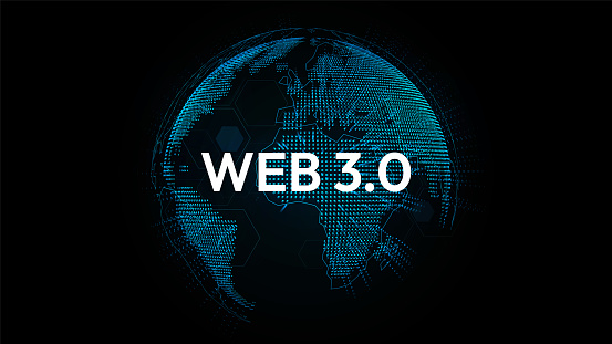 WEB 3.0 typography with 3d hologram globe, vector illustration eps10