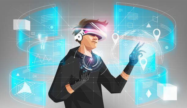 가상 현실 안경과 햅틱 장갑을 들고 있는 남자는 미래지향적인 인터페이스 3d 홀로그램 데이터, 벡터 일러스트레이션으로 둘러싸여 있습니다. - gamer stock illustrations