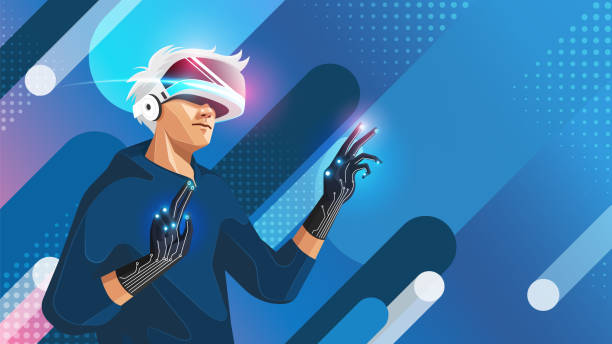 stockillustraties, clipart, cartoons en iconen met man holding virtual reality glasses with haptic gloves on abstract background, vector illustration. - metaverse