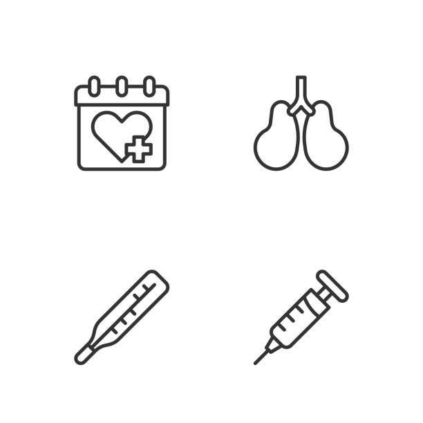 Set line Syringe, Medical thermometer, Doctor appointment and Lungs icon. Vector Set line Syringe Medical thermometer Doctor appointment and Lungs icon. Vector. flu shot calendar stock illustrations