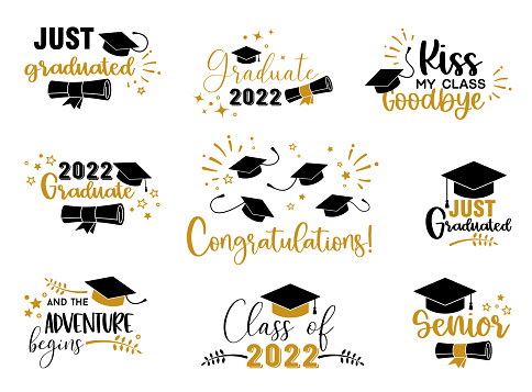 Cap icon and inscription for graduation party, invitation card, banner. University, school, academy vector symbol with black hat