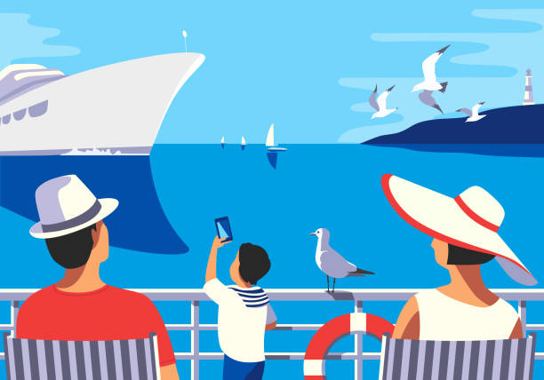 Sea trip family vacation journey vector poster Family enjoy sea trip vacation tourist vector poster. Blue ocean scenic view, cruise liner vessel, seaside nature landscape background. Holiday summer season sea travel leisure relax illustration passenger craft stock illustrations