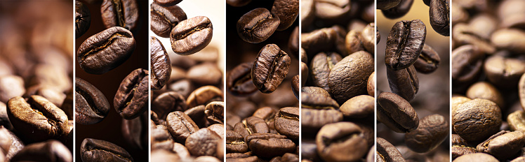 Coffee collage, close up of flying roasted aromatic coffee beans on black background with copy space