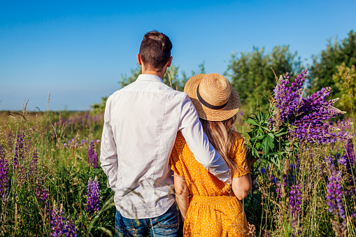 Loving couple hugging in lupin meadow with bouquet of flowers. Young man and woman relaxing walking in blooming summer field. Back view