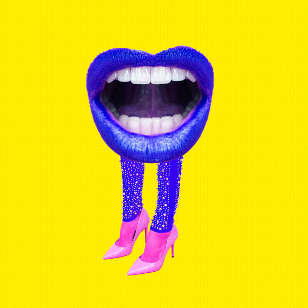 Contemporary digital collage art.  Lady elegant legs and evil mouth.  Women, girl power, ladies communities, emotions, feminism concept. stock photo