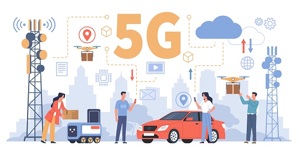 5g technology people. Modern wireless world, transmitter towers in cityscape, men and women use smartphones, drones delivery, smart city horizontal banner, vector cartoon flat style isolated concept