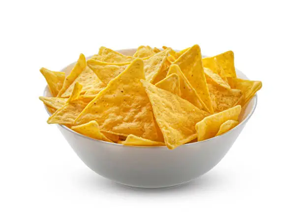 Corn chips, mexican nachos isolated on white background with clipping path