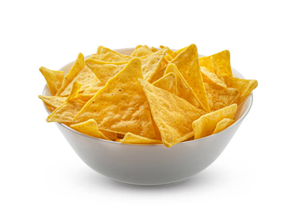 corn chips, mexican nachos isolated on white background - tortilla chip imagens e fotografias de stock