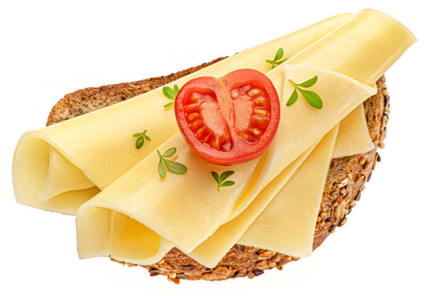 gouda cheese slices on rye bread isolated, top view - cheese sandwich bildbanksfoton och bilder