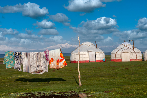 Nomadic tents known as Yurt at the Song Kol Lake, Kyrgyzstan.