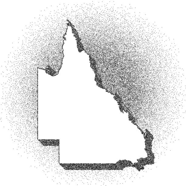 Stippled Queensland map - Stippling Art - Dotwork - Dotted style Map of Queensland draw with the stippling technique. Beautiful and trendy illustration created only with dots and isolated on a blank background. White map with dotted black outline and dark shadow. White background with a stippled circular gradient. (colors used: black and white). Vector Illustration (EPS10, well layered and grouped). Easy to edit, manipulate, resize or colorize. Vector and Jpeg file of different sizes. brisbane stock illustrations