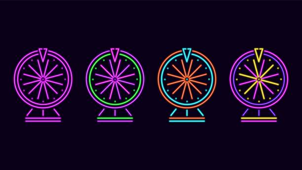 неоновые колеса фортуны. светящаяся фиолетовая рулетка - roulette roulette wheel wheel isolated stock illustrations