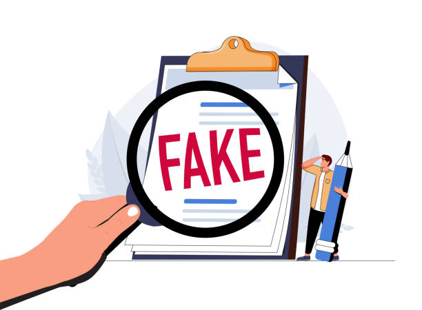 ilustrações de stock, clip art, desenhos animados e ícones de fake document, wrong information verification or fake news inspection, fraud and illegal reports concept, smart. - condition text magnifying glass contract