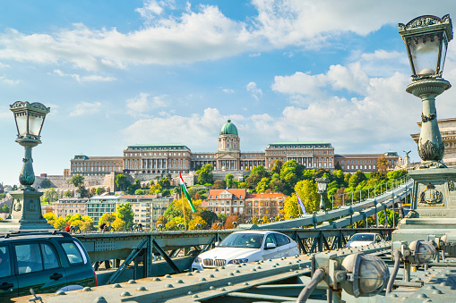 The Buda Castle Royal Palace seen from Chain Bridge in Budapest, Hungary.