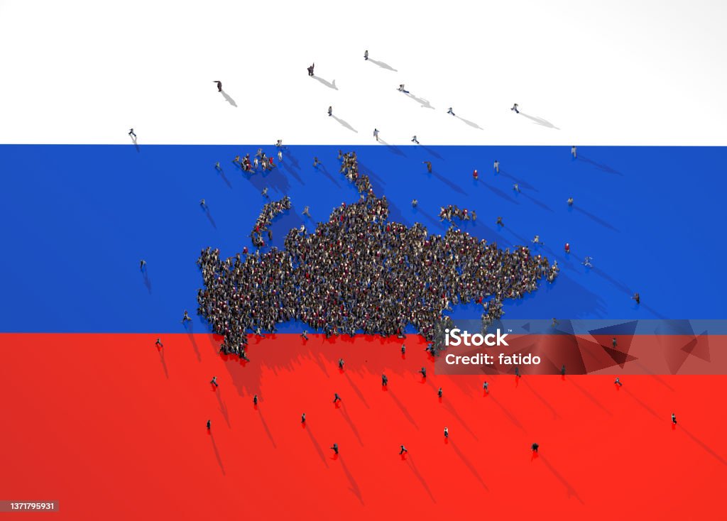 Large group of people forming Russia map on Russian Flag Social Media Stock Photo