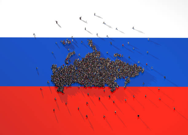 Large group of people forming Russia map on Russian Flag stock photo