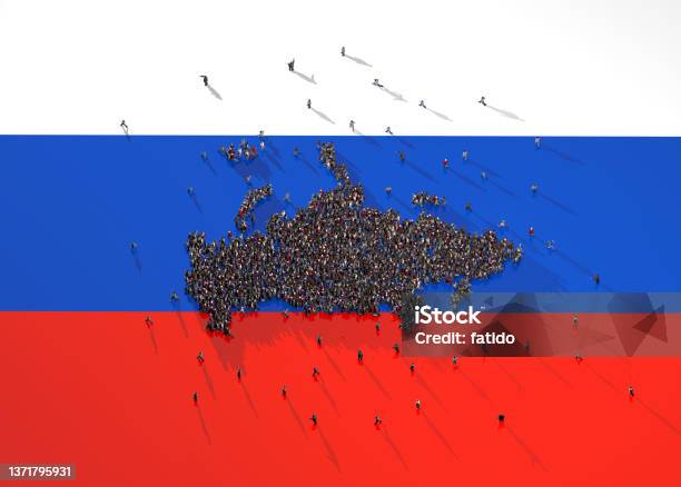 Large Group Of People Forming Russia Map On Russian Flag Stock Photo - Download Image Now