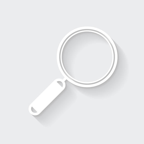 Magnifying glass. Icon with long shadow on blank background - Flat Design White icon of "Magnifying glass" in a flat design style isolated on a gray background and with a long shadow effect. Vector Illustration (EPS10, well layered and grouped). Easy to edit, manipulate, resize or colorize. Vector and Jpeg file of different sizes. zoom effect illustrations stock illustrations