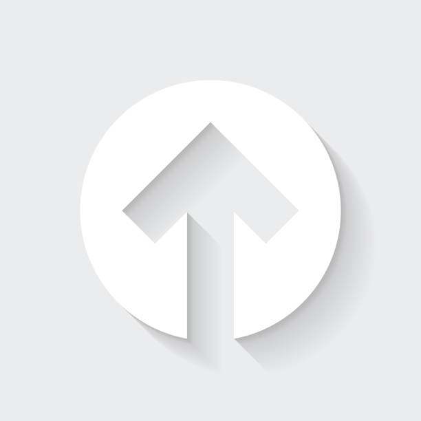 Up arrow. Icon with long shadow on blank background - Flat Design White icon of "Up arrow" in a flat design style isolated on a gray background and with a long shadow effect. Vector Illustration (EPS10, well layered and grouped). Easy to edit, manipulate, resize or colorize. Vector and Jpeg file of different sizes. arrow up symbol stock illustrations