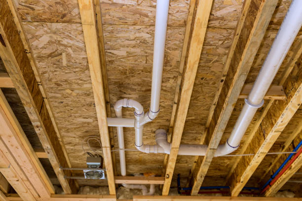 istock Under construction new bathtub home PVC waste water system rough plumbing bathroom 1371798323