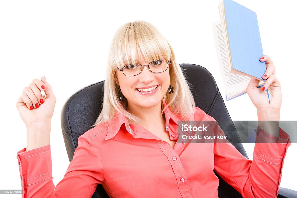 happy student with textbook happy girl with book and pen Adult Stock Photo