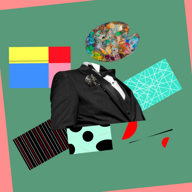Costume with a black tie with a colorful palette. Digital collage modern art. Concept of galleries, auctions and museums of contemporary art.